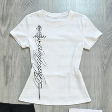 Load image into Gallery viewer, T Shirts Women V Neck Slim Vintage Printing Elegant Grunge Gothic Y2k Aesthetic Harajuku Tops Ladies Casual Tee Shirt
