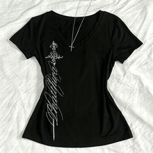 Load image into Gallery viewer, T Shirts Women V Neck Slim Vintage Printing Elegant Grunge Gothic Y2k Aesthetic Harajuku Tops Ladies Casual Tee Shirt
