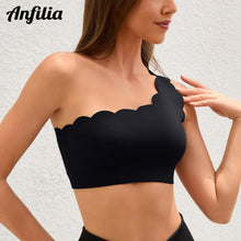 Load image into Gallery viewer, Anfilia Women Sports Bras Fashion Fitness One-Shoulder Design Scalloped Built-In Bras Quick Dry Breathable Yoga Gym Running Tops
