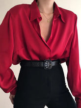 Load image into Gallery viewer, Women Button Blouses Turn Down Collar Shirts Office Lady Long Sleeve Casual Blouse Loose OL Shirt Baggy Tops Red/Wine Red /Black
