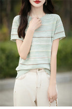 Load image into Gallery viewer, Women's T-shirts Summer New 100% Cotton Short Sleeve Casual Striped Knit Blouse Round Neck Tops Loose Pullover Tees
