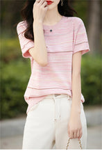Load image into Gallery viewer, Women's T-shirts Summer New 100% Cotton Short Sleeve Casual Striped Knit Blouse Round Neck Tops Loose Pullover Tees
