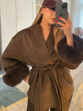 Load image into Gallery viewer, Women's Wool Coat with Fur Cuffs Minimalist Soft Wool High Fashion Belted Winter Fur Trim Coat Old Money Style Natural Fur Coat
