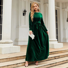 Load image into Gallery viewer, Women's Elegant A-Line Velvet Dress for Wedding Guest Prom Party Wedding Party, Long Sleeve Round Neck Belted Full Skirt

