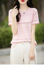 Load image into Gallery viewer, Women's T-shirts Summer New 100% Cotton Short Sleeve Casual Striped Knit Blouse Round Neck Tops Loose Pullover Tees
