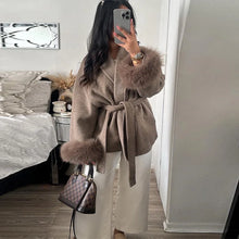 Load image into Gallery viewer, Elegant Women's Lace Up Woolen Coats Solid Full Sleeve Turn-down Collar Loose Lady Coats 2025 Autumn Winter Female Streetwear
