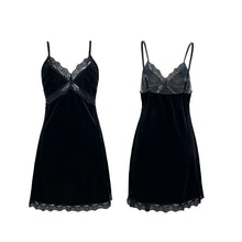 Load image into Gallery viewer, Women's Velvet Nightdress Sexy Deep V Nightgown Female Lace Patchwork Suspender Skirt Backless Adjustable shoulder strap Dress
