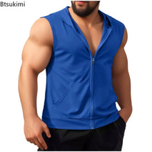 Load image into Gallery viewer, Summer New Men's Workout Hooded Tank Tops Zip-up Sleeveless Gym Bodybuilding Tees Muscle Tops Male Streetwear Casual Sweatshirts
