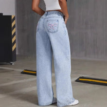 Load image into Gallery viewer, Mens Jeans Vintage Bow Embroidery Washed Denim Pants Harajuku Unisex Loose Fit Straight Leg Streetwear Casual Fashion Trend New
