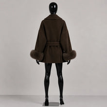 Load image into Gallery viewer, Women's Wool Coat with Fur Cuffs Minimalist Soft Wool High Fashion Belted Winter Fur Trim Coat Old Money Style Natural Fur Coat
