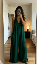 Load image into Gallery viewer, Women's White Halter Jumpsuit Deep V Neck Sleeveless Wide Leg Cuffed Hem Pocketed Boho Resort Casual Summer Y2K Chic Jumpsuit
