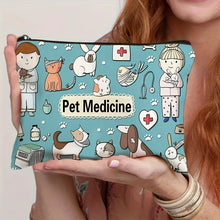Load image into Gallery viewer, Pet Medicine Travel Organizer Pouch - Light Blue Polyester Cosmetic &amp; Toiletry Bag with Cute Dog &amp; Cat Illustrations
