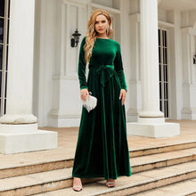 Load image into Gallery viewer, Women's Elegant A-Line Velvet Dress for Wedding Guest Prom Party Wedding Party, Long Sleeve Round Neck Belted Full Skirt
