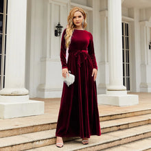 Load image into Gallery viewer, Women's Elegant A-Line Velvet Dress for Wedding Guest Prom Party Wedding Party, Long Sleeve Round Neck Belted Full Skirt
