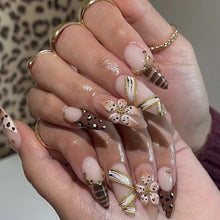 Load image into Gallery viewer, Medium fake nails for women Gradient nude brown blue flowers or rhinestones fall winter almond tips press on false nail art set
