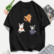 Load image into Gallery viewer, Women T Shirts Casual Woman Clothes Crewneck Tee Tops Three Cats Climbing Upwards and Escaping Print T-Shirt

