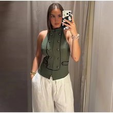 Load image into Gallery viewer, Women's Top 2026 Summer Elegant Fashion Silky Vacation Halter Neck Backless Sexy Unique Army Green Beach Style Party Women's Top

