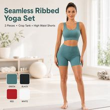 Load image into Gallery viewer, Seamless Ribbed Yoga Set 2 Piece Workout Outfit, Crop Tank Top &amp; High Waist Biker Shorts Gym Suit for Fitness, Running, Pilates
