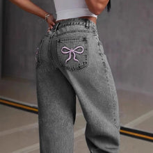 Load image into Gallery viewer, Mens Jeans Vintage Bow Embroidery Washed Denim Pants Harajuku Unisex Loose Fit Straight Leg Streetwear Casual Fashion Trend New
