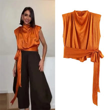 Load image into Gallery viewer, Women's Top 2026 Spring New Style Orange Sleeveless Satin Texture Long Ribbon Top Elegant and Stylish Unique Fashion Focus
