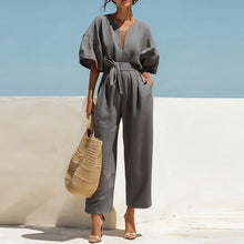 Load image into Gallery viewer, Summer Elegant Jumpsuit V Neck Lace Up High Waist Half Sleeve Long Pants Jumpsuits For Women Casual Loose Romper Playsuits
