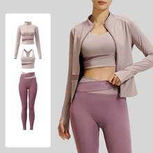 Load image into Gallery viewer, Women's Color Block 3 Piece Yoga Set with Thumb Hole Running Waist Cincher Slim Fit Workout Set Lightweight Pilates Clothes
