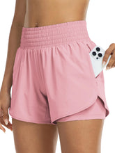 Load image into Gallery viewer, Women's high-waisted athletic shorts for running, yoga, layered design, anti-exposure, fitness, and workout with pockets
