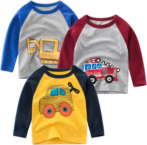 Toddler Boys 3-Pack Long Sleeve Excavator T-Shirt 100% Cotton Basic Tops Car Shirt