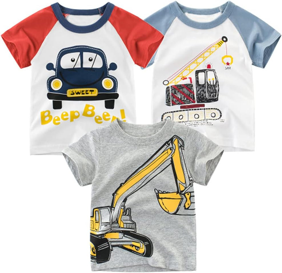 Toddler Boys Dinosaur Shark T-Shirts Short Sleeve Car Excavator Graphic Tees