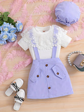 Load image into Gallery viewer, Girls’ Elegant Lace-Collar Top &amp; Suspender Skirt Set
