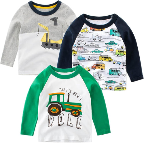 Toddler Boys 3-Pack Long Sleeve Excavator T-Shirt 100% Cotton Basic Tops Car Shirt