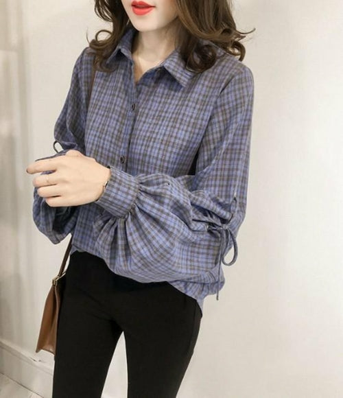 Womens Loose Fit Button Front Bell Sleeves Plaid Shirt