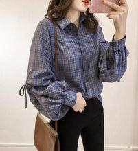 Load image into Gallery viewer, Womens Loose Fit Button Front Bell Sleeves Plaid Shirt
