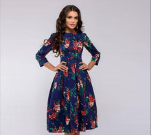 Load image into Gallery viewer, A-line dress party retro small floral three-quarter sleeve round neck
