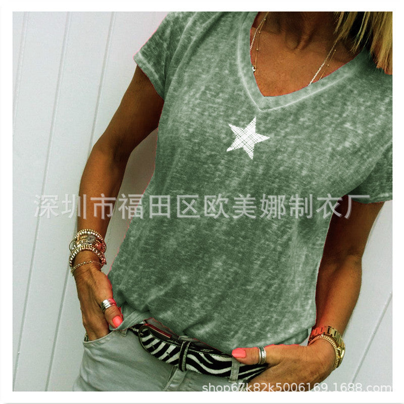 V-neck five-pointed cool comfort women's short-sleeved T-shirt