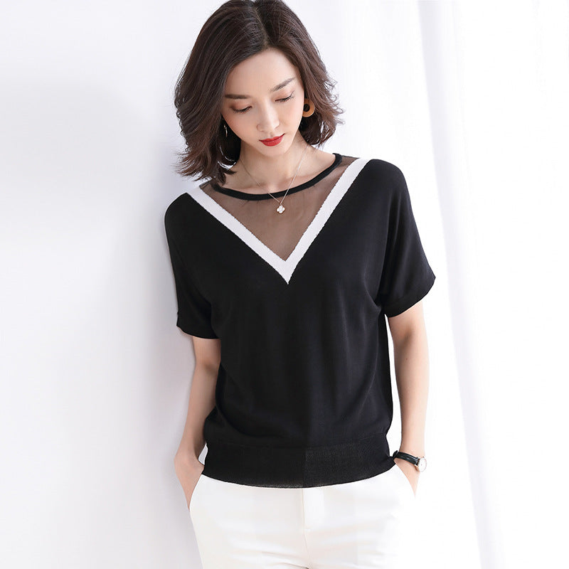 Ice silk short sleeves of the loose hollow sweater T-shirt
