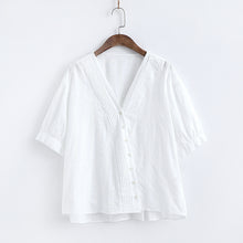 Load image into Gallery viewer, V-neck threshold hollow shirt summer new thin cotton single-breasted jacket
