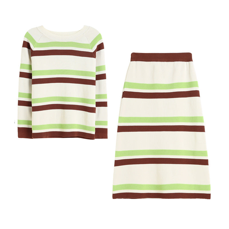 Set of dress spring new small wind striped sweater two-piece set