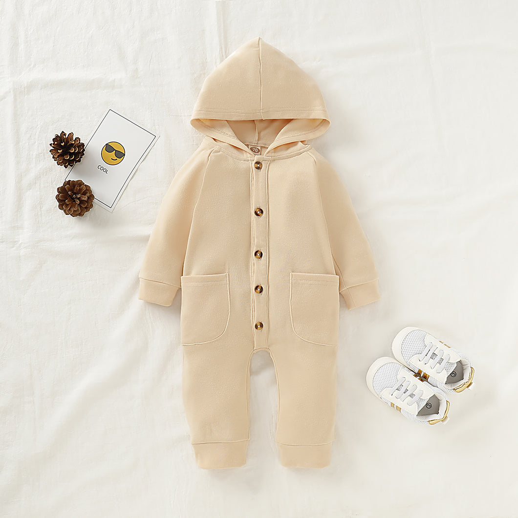 Solid color hooded single-breasted baby hooded romper
