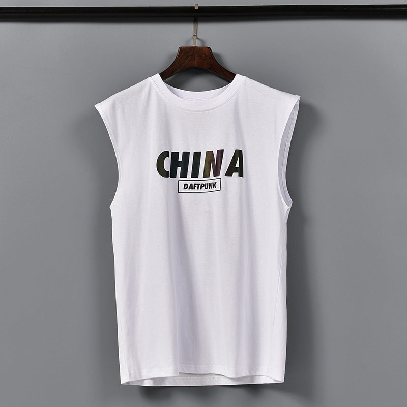 Men's chinese print sleeveless T-shirt