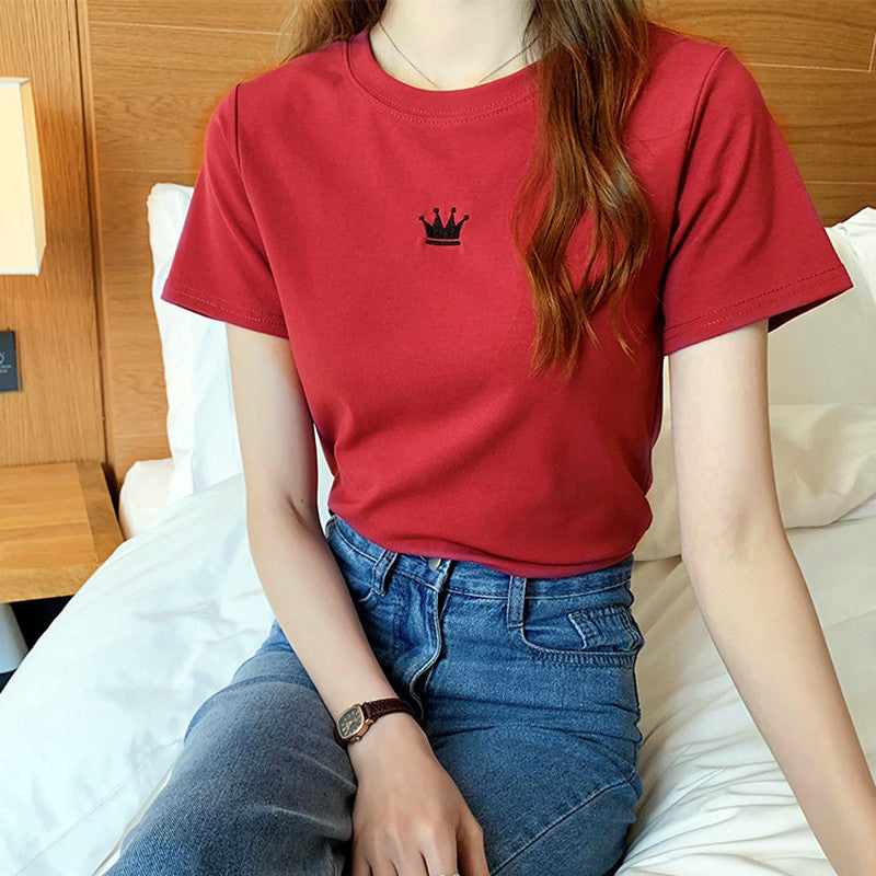 Crown embroidery Slim short-sleeved T-shirt