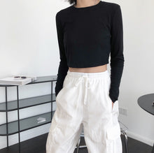 Load image into Gallery viewer, Round neck high waist short T-shirt thin nausea long-sleeved bottoming
