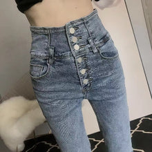 Load image into Gallery viewer, Buckle slim pencil pants bag hip super high waist jeans
