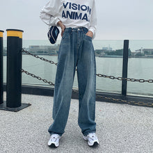 Load image into Gallery viewer, Buckle high waist denim wrinkled mop trousers pants
