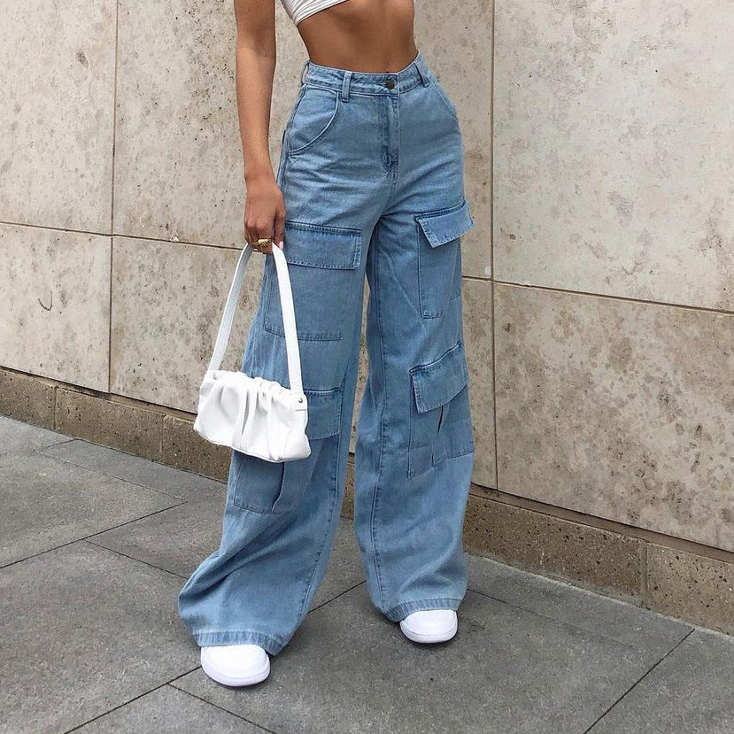 Jeans Washed Large Pocket Loose Ladies Denim Trousers