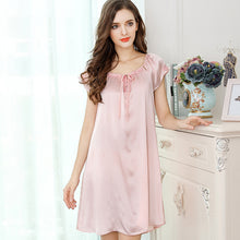 Load image into Gallery viewer, New silk short-sleeved nightdress lace v-colraposed silk
