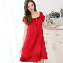 Load image into Gallery viewer, New silk short-sleeved nightdress lace v-colraposed silk
