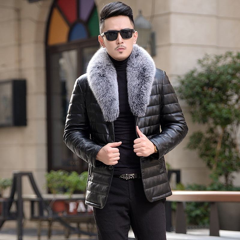Men's Haining leather down winter jacket with silver fox hair collar