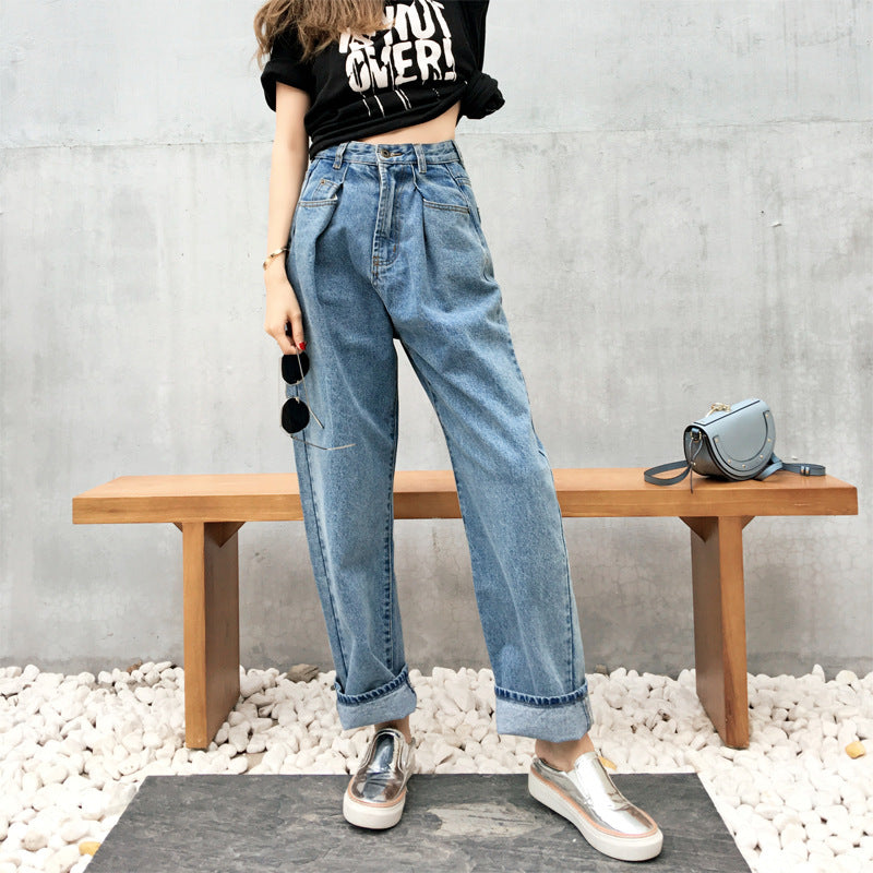 High waist loose retro literary BF wind wide jeans