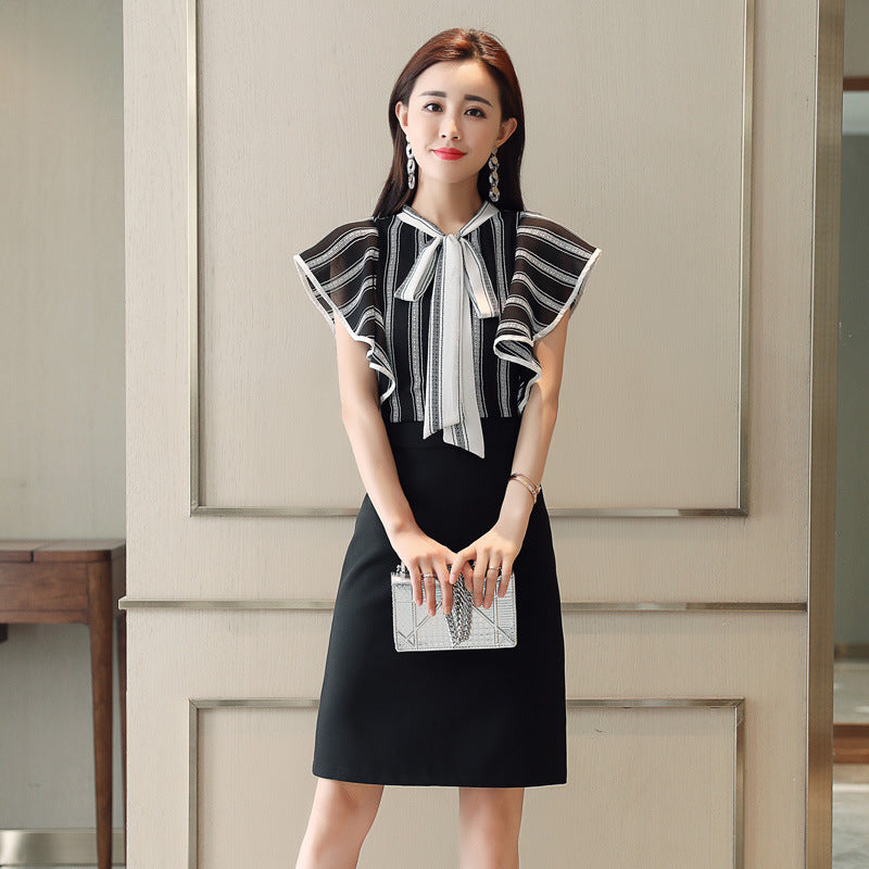 Generation bow temperament slim striped flying sleeve skirt